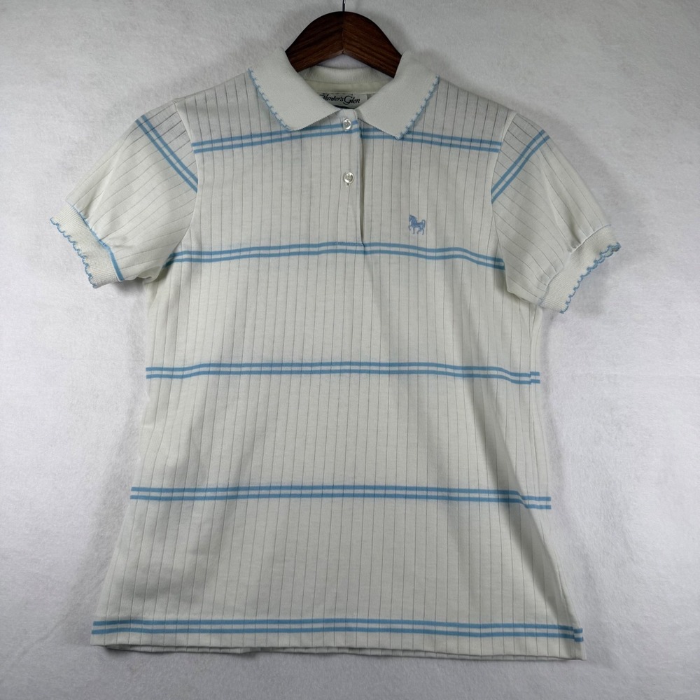 Vintage 80-90s Hunters Glen Womens Large White Blue Striped Ribbed Polo USA